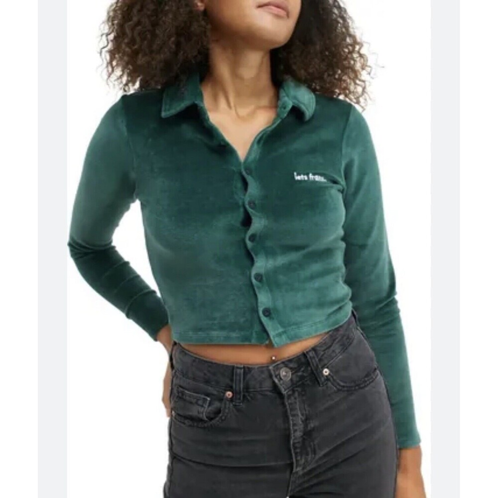 Urban Outfitters iets frans Botanical Gardens Green Velour Polo Top Sz SP New